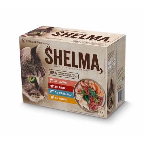 Shelma Katzen-Nassfutter Fleisch und Fisch Multipack mit den Sorten Rind, Lachs, Huhn und Kabeljau – Getreidefreies Alleinfuttermittel mit hohem Fleischanteil – 12 x 85 g (1,02 kg) von Shelma