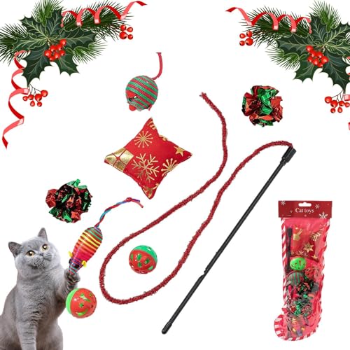 Shenrongtong Kätzchenspielzeug - Weihnachtskätzchen-Zauberstab-Spielzeug-Set - Katzen-Teaser-Spielset, interaktives Haustierspielzeug, lustige Übung für Katzen und Kätzchen von Shenrongtong