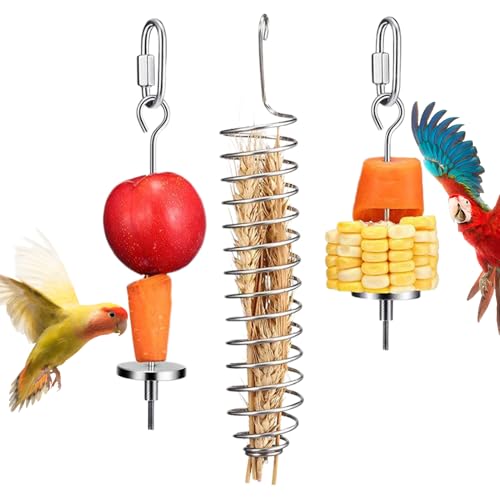 Vogelspielzeug Zum Nagen | Obstspieß Mit Haken Für Papageien | 3X Edelstahlspieß & Futterzubehör Für Wellensittich, Nymphensittich Und Ara von Shenrongtong