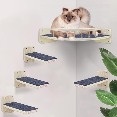Shiawase Kletterwand für Katzen, Katzentreppe Wand und Eckbett mit Rutschfester Matte, 5-Teiliges Holz Katzenmöbel Set, Katzenleiter Balkon mit Befestigungsschrauben, bis 15 KG Kratzbäum (Dunkel) von Shiawase