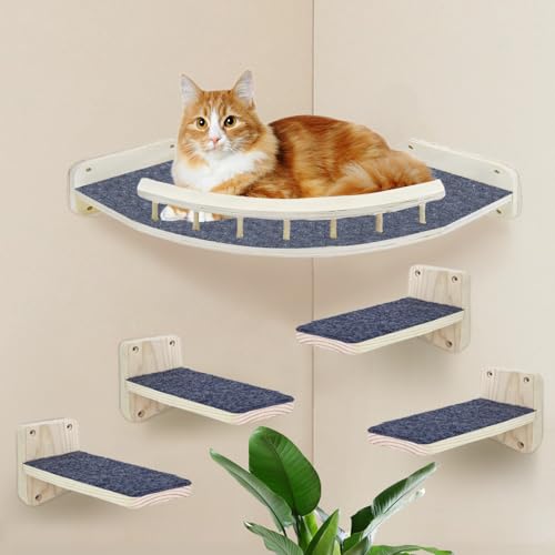 Shiawase Kletterwand für Katzen, Katzentreppe Wand und Eckbett mit Rutschfester Matte, 5-Teiliges Holz Katzenmöbel Set, Inkl. Befestigungsschrauben, bis 15 KG Kratzbäum (Hell) von Shiawase