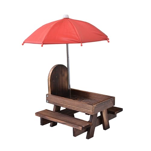 Shienfir Eichhörnchen-Picknicktisch mit Regenschirm, Futterspender aus verdicktem Kiefernholz, rote Entwässerungslöcher, handgefertigt für den Außenbereich Bräunen von Shienfir