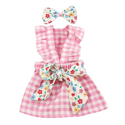 Shienfir Elastische Taille Haustierbekleidung 1 Set Haustierkleid Schleife Dekor Rüschenärmel Hund Plaid Kleid Sommer Katzenkleid mit Kopfschmuck Heimtierbedarf Rosa M von Shienfir