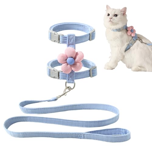 Shienfir Katzenkabelbaum und Blei -Set, Leinenkragen Set zum Gehen Verstellbarer Doppelschicht Haustierkabelbaum mit Blumendekor Escised Proof Pet Collar Leine für kleine mittelgroße Katzen Blau M von Shienfir