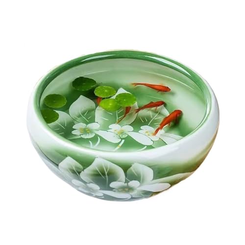 Aquarium Handbemalter Keramik-Aquarium mit grünem Lotus-Finish for den Schreibtisch, Futterbehälter for Goldfische und Schildkröten, runder Keramik-Übertopf Fischtank(50x50x23cm) von Shihan-2015