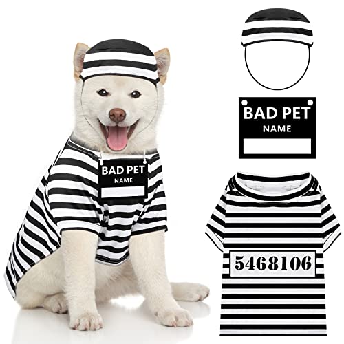 3 Stück Lustiges Hundekostüm Shirts Hund Halloween Kostüme Gefängnis Pooch Kostüm Waschbar Überziehen Schwarz Weiß Streifen Gefängnis Hund Hut und Karte für Halloween Hund Welpe Haustier Cosplay, von Shihanee