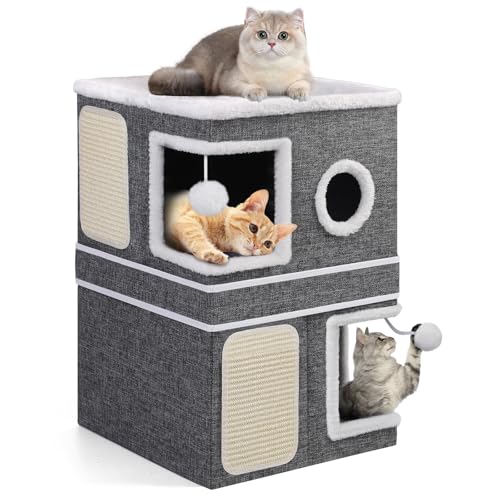 3 Schicht Katzenhaus, Faltbare Katzenhöhle für Große Katzen, 40L*40B*63H cm, Indoor Katzenwürfel, Aufteilbar in 2 Große Katzenhöhlen mit Katzenversteck, Großer Katzenbett mit Kratzbrett und Spielball von Shikha