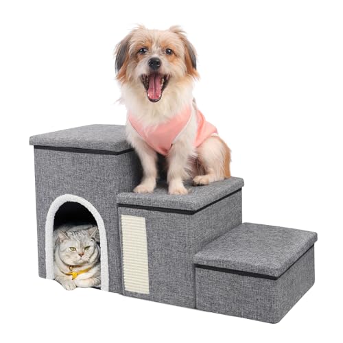 3 Stufen Treppe für Hunde, 75L x 35B x 43H cm, Hundetreppe Faltbare für klein/ältere/große Hunde Katzen, Hundetreppe mit Große Wohnung, Stauraum, Katzen Kratzbrett, Haustiertreppe für Couch und Bett von Shikha