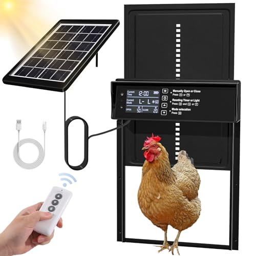 Automatische Hühnerklappe Solar, Elektrische Aluminum Hühnerklappe mit Wasserdicht LED Display, Timer, Lichtsensor, Fernbedienung, Automatisch Hühnerstalltür Hühnertür, Intelligenter Einklemmschutz von Shikha