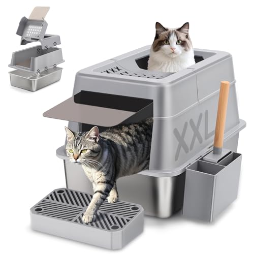 Edelstahl Katzenklo mit Deckel, 110° Flip-Cover Design XXL Geschlossen Katzentoilette aus Edelstahl, 38L Großes Kapazität mit Schaufel und Fußpedal, Hoher Rand, Auslaufsicher und Leicht Reinigen von Shikha