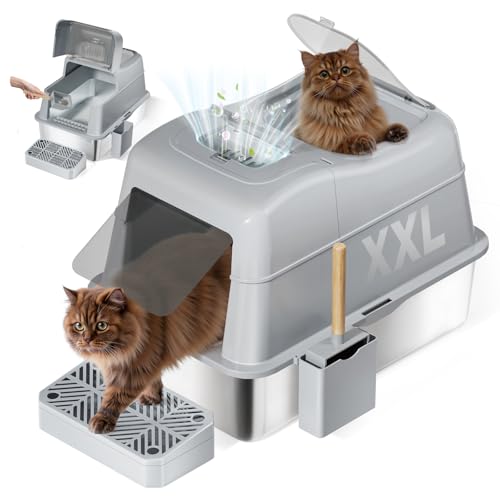 XXL Edelstahl Katzenklo mit Deckel, 110° Flip-Cover Design Geschlossen Katzentoilette aus Edelstahl, 40L Großes Kapazität mit Schaufel und Fußpedal, Geruchsfrei, Auslaufsicher und Leicht Reinigen von Shikha