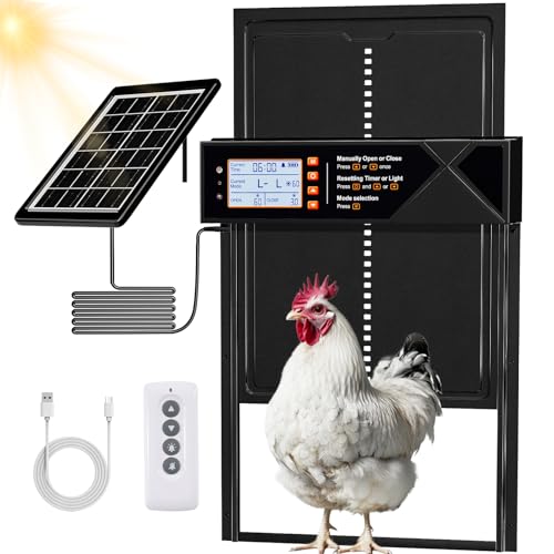 Automatische Hühnerklappe Solar, Upgrade Große Aluminum Hühnerklappe mit Wasserdicht LED Display, Timer, Lichtsensor, Fernbedienung, Elektrische Hühnerstalltür Hühnertür, Intelligenter Einklemmschutz von Shikha