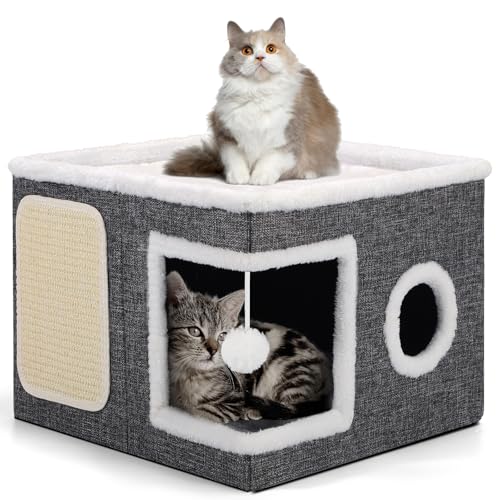 Katzenbetten für Hauskatzen, große Katzenhöhle mit gemütlicher Höhle, hängendem Ball, rundem Fenster, faltbares Katzenhaus für den Innenbereich mit doppelseitigen weichen Kissen für alle Jahreszeiten von Shikha