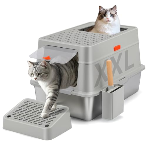 Edelstahl Katzenklo mit Deckel, 60.5L*40.5B*38H cm XXL Katzenklo Edelstahl Geschlossen, Große 35L Katzentoilette Metall mit Schaufel und Fußpedal, Hoher Rand, Auslaufsicher und Leicht Reinigen von Shikha