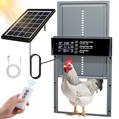 Shikha Solar Automatische Hühnerklappe, Aluminum Hühnerklappe mit Wasserdicht LED Display, Timer, Lichtsensor, Fernbedienung, Elektrische Hühnerstalltür Hühnertür, Intelligenter Einklemmschutz & Alarm von Shikha
