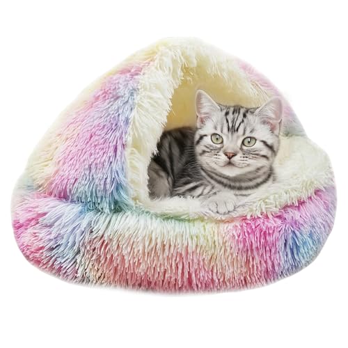 ShinHye Katzenbett, rund, Plüsch, flauschig, mit Kapuze, gemütlich, für Indoor-Katzen oder kleine Hundebetten, beruhigendes Haustierbett, Donut-beruhigendes Hundebett, wasserdichte Unterseite, von ShinHye