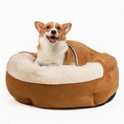 ShinHye Kleines Hundebett, verwendet für Katzenbett, rundes Hundelochbett, bequem mit Kapuzenteppich, rutschfeste Unterseite und Maschinenwäsche, 58 cm (Beige) von ShinHye