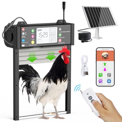 Shinmax Automatische Hühnerklappe Solar App-Steuerung Elektrische Hühnerklappe Automatisch Rolltor mit Fernbedienung,Lichtsensor, Timer und Manuell Hühnertür Automatisch Einklemmschutz Hühnerstall Tür von Shinmax