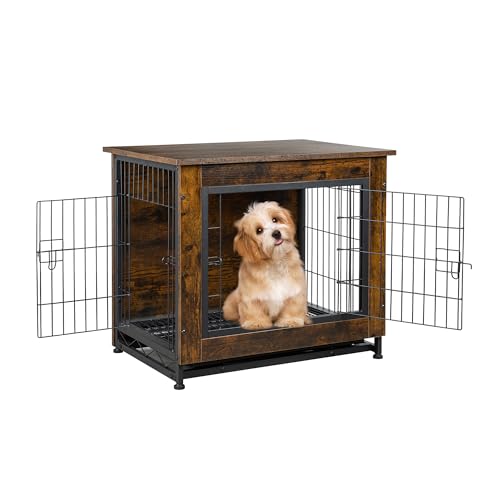 Shintenchi Hundekäfig Möbel, Doppeltüren Zwinger Indoor mit Abnehmbarem Tablett, Beistelltisch Hundehütte für Kleine Rassen, 69.1 cm L, Braun von Shintenchi