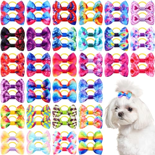 Shinylin 60 Stück Hundeschleifen, niedliche Hundehaarschleifen, Welpenschleifen mit Gummiband, handgefertigtes Haar-Zubehör, Haustierpflegeprodukte für kleine Hunde (Batikfärbung) von Shinylin