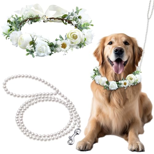 Shinylin Hundehalsband mit Blumenmotiv, Hochzeits- und Leine, Set mit Perlen für Hunde, 120 cm, 1,2 m, mit Perlen, Hundehalsband, Schleifen für Hochzeit, verstellbar, für mittelgroße Hunde, Shinylin Hundehalsband mit Blumenmotiv, Hochzeits- und Leine, Set mit Perlen für Hunde, 120 cm, 1,2 m, mit Perlen, Hundehalsband, Schleifen für Hochzeit, verstellbar, für mittelgroße Hunde, von Shinylin