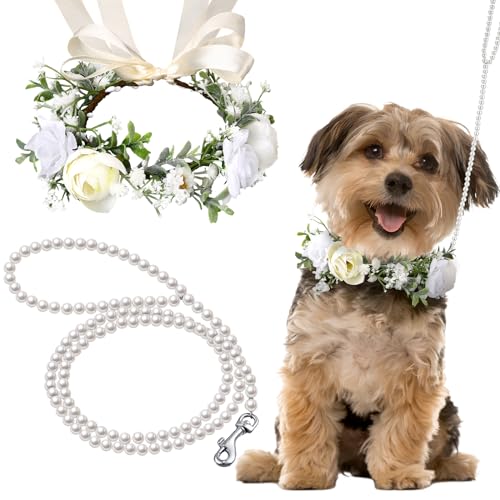 Shinylin Hundehalsband mit Blumenmotiv, Hochzeits- und Leine, Set mit Perlen für Hunde, 120 cm, 1,2 m, mit Perlen, Hundehalsband, Schleifen für Hochzeit, verstellbar, für mittelgroße Hunde, Shinylin Hundehalsband mit Blumenmotiv, Hochzeits- und Leine, Set mit Perlen für Hunde, 120 cm, 1,2 m, mit Perlen, Hundehalsband, Schleifen für Hochzeit, verstellbar, für mittelgroße Hunde, von Shinylin