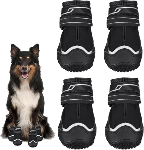 Shixian Hundeschuhe, 4-teiliges Set, geeignet für verletzte Pfoten, wasserdichte und rutschfeste Hundeschuhe, mit reflektierendem Band, atmungsaktiver Hundepfotenschutz, geeignet für kleine, von Shixian