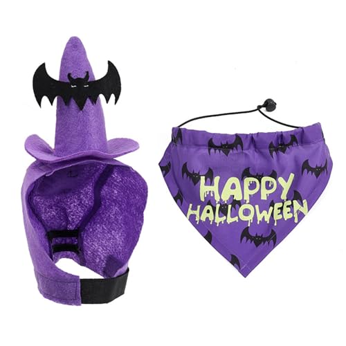 Verstellbares Hunde-Hexenhut und Halstuch-Set, waschbar, Polyester, Party-Cosplay-Zubehör für Haustier-Festivals, Veranstaltungen, Halloween, Hundehut, Bandanas-Set von Shntig