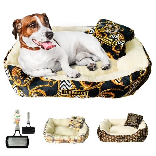 Luxuriöses Designer-inspiriertes Haustierbett und Decke mit ShopZee Fellpflegebürste – weiches, gemütliches Hunde- und Katzenbett mit Plüsch-Fleece-Decke, waschbar, ideal für kleine und mittelgroße von ShopZee Trading Ltd