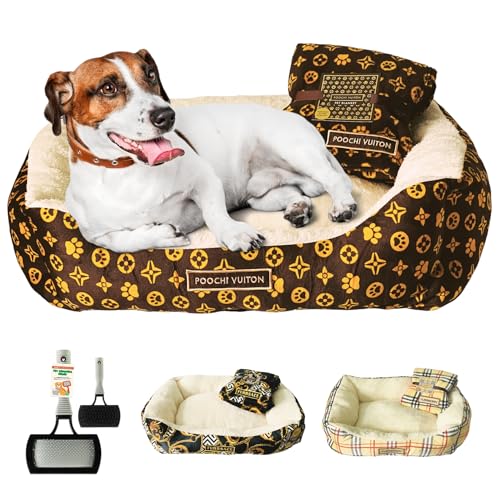 Luxuriöses Designer-inspiriertes Haustierbett und Decke mit ShopZee Fellpflegebürste – weiches, gemütliches Hunde- und Katzenbett mit Plüsch-Fleece-Decke, waschbar, ideal für kleine und mittelgroße von ShopZee Trading Ltd