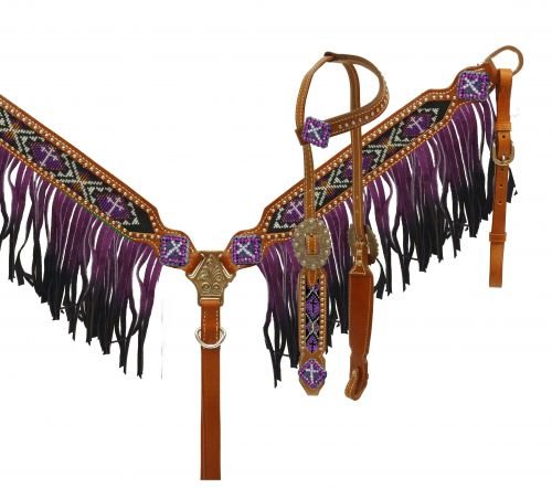 Showman Ombre Fransen Halfter und, Set Halsband mit Perlen Kreuz Inlay, Violett Showman Ombre Fransen Halfter und, Set Halsband mit Perlen Kreuz Inlay, Violett von Showman