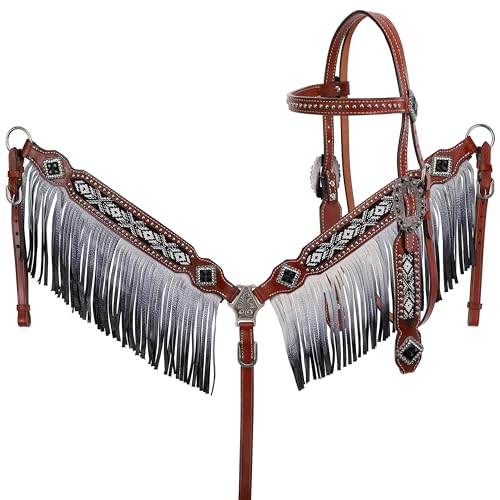 Showman schwarz & weiß Leder Perlen Halfter & Brust Halsband W/Ombre Fransen & Kristall Strass Conchos. NEU von Showman
