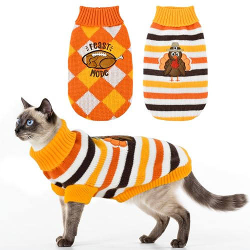 ShuRung 2 x Pullover für Welpen, Thanksgiving, Katze, Rollkragenpullover, gestreift, Strickwaren, Türkei, Fußballmuster, warm, kariert, für Kätzchen, Welpen, Größe XL von ShuRung