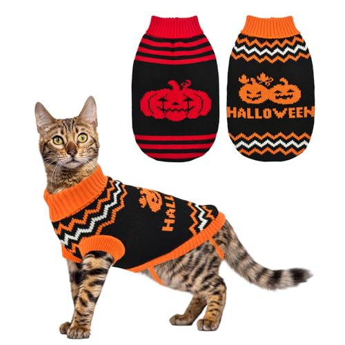 ShuRung 2er-Pack Halloween-Hundepullover, Katzenkürbis-Strickwaren, Kleidung, Kostüm mit niedlichem Kürbismuster, warme Halloween-gestreifte Outfits für Kätzchen, Welpen, Größe L von ShuRung