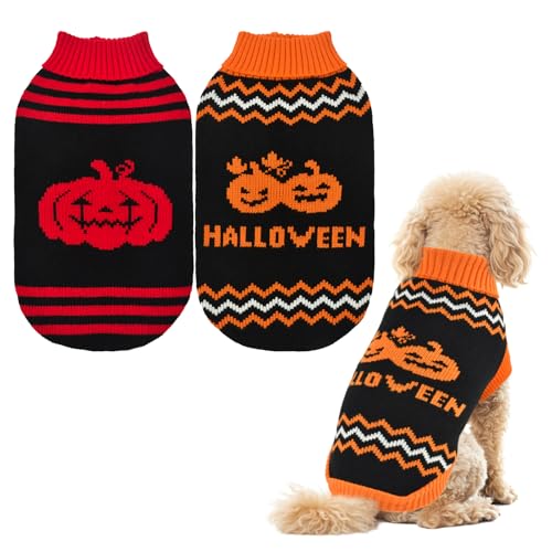 ShuRung 2er-Pack Halloween-Hundepullover, Katzenkürbis-Strickwaren, Kleidung mit niedlichem Kürbismuster, warmes Halloween-Streifen-Outfit für Kätzchen, Welpen, Größe XXL von ShuRung