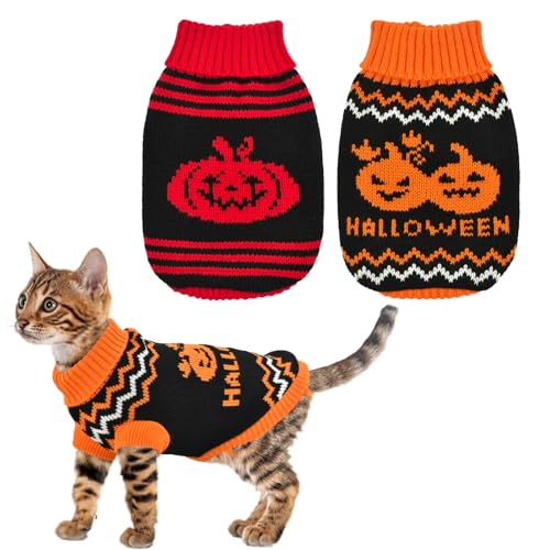 ShuRung 2er-Pack Halloween-Hundepullover für Katzen, Kürbis-Strickwaren, Kleidung mit niedlichem Kürbismuster, warme Halloween-gestreifte Outfits für Kätzchen, Welpen, Größe XS von ShuRung