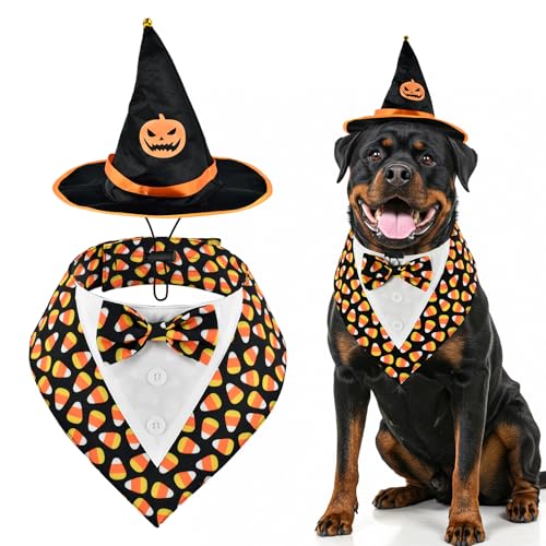 ShuRung Halloween Candy Corn Hund Verstellbarer Smoking mit schwarzem Hexenhut Halloween Welpenkostüm Set Halloween Karneval Thema Outfits für Katzen Welpe Hund L von ShuRung