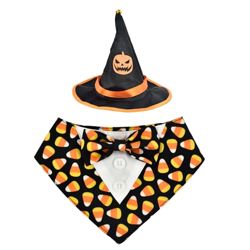 ShuRung Halloween Candy Corn Hund Verstellbarer Smoking mit schwarzem Hexenhut Halloween Welpenkostüm Set Halloween Karneval Thema Outfits für Katzen Welpe Hund M von ShuRung