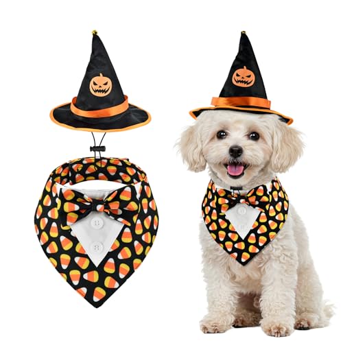 ShuRung Halloween Candy Corn Hund Verstellbarer Smoking mit schwarzem Hexenhut Halloween Welpenkostüm Set Halloween Karneval Thema Outfits für Katzen Welpe Hund S von ShuRung