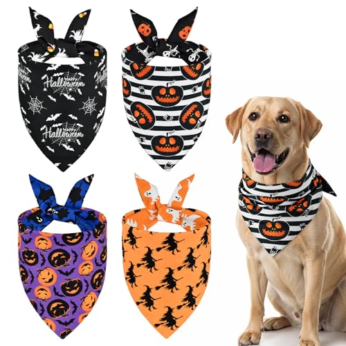 ShuRung Halloween-Hundehalstücher mit niedlichem Geisterhexe, wendbar, Haustier-Halstuch-Set, Fledermaus, Kürbis, Halloween-Thema, für kleine, mittelgroße und große Hunde, 4 Stück von ShuRung