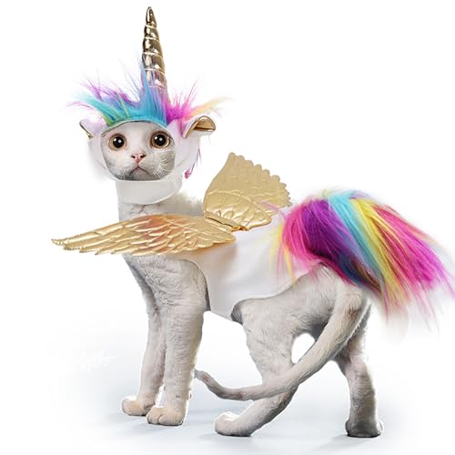 ShuRung Halloween Katze Kostüm Welpe Einhorn Hut Gold Flügel Cape mit Regenbogen Schwanz & Mähne Cosplay Set Festival Haustier Kostüm Outfits für kleine Hunde Katzen von ShuRung