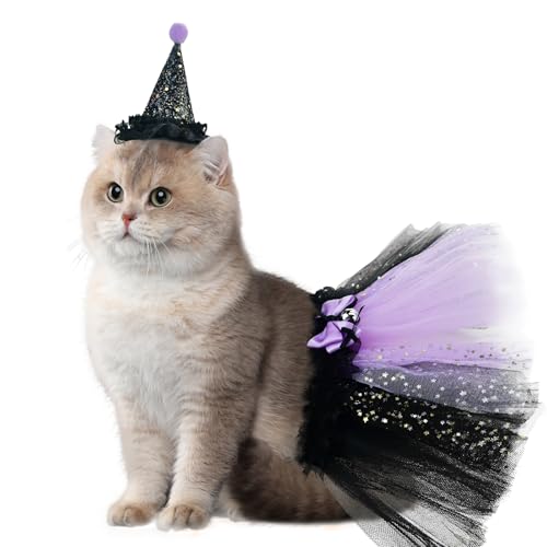 ShuRung Haustier Halloween Hexe Kostüm für Katze Kätzchen Hexenhut & schwarz Tutu Rock Katze Bandana lila Zauberer Cosplay Outfits kleines Haustier Halloween-Kostüm für Welpen Katzen L von ShuRung