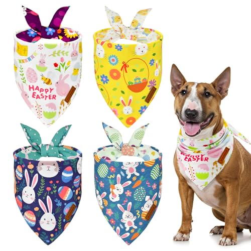 ShuRung Hundehalstücher für Ostern, Motiv: Hase, Osterei, Karotte, bunte Blume, wendbar, Dreieckstücher, Ostern, Welpen, Frühlingshandstücher für kleine, mittelgroße und große Hunde, 4 Stück von ShuRung