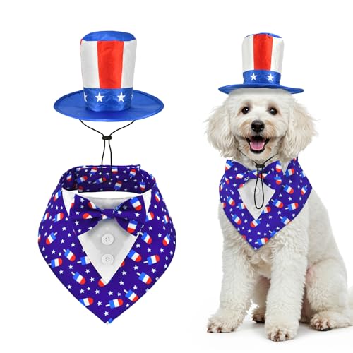 ShuRung Independence Day Hunde-Smoking mit blauer Fliege, Haustier-Onkel Sam-Hut, 4. Juli, Hundekostüm, patriotisches Thema, Outfits für Katzen, Welpen, Hunde, Größe M von ShuRung