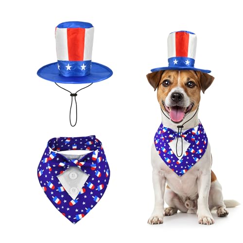 ShuRung Independence Day Hunde-Smoking mit blauer Fliege, Haustier-Onkel Sam-Hut, 4. Juli, Hundekostüm, patriotisches Thema, Outfits für Katzen, Welpen, Hunde, Größe S von ShuRung