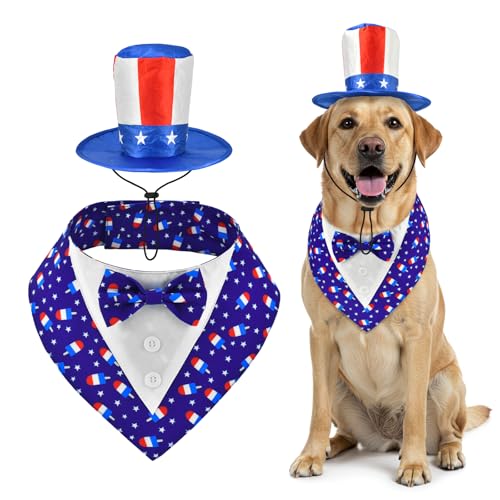 ShuRung Independence Day Hunde-Smoking mit blauer Fliege, Onkel Sam-Hut, 4. Juli, Hundekostüm, patriotisches Thema, Outfits für Katzen, Welpen, Hunde, Größe L von ShuRung