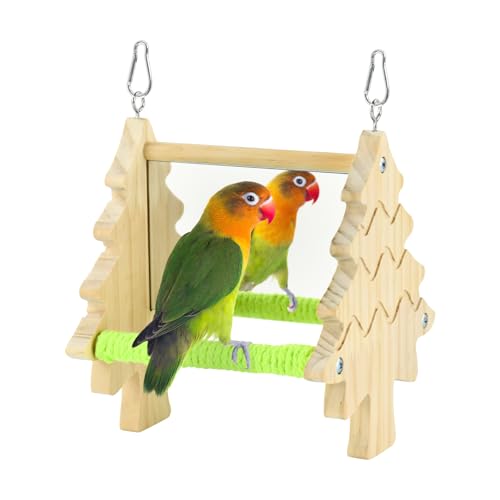 ShuRung Sittiche Kiefer Sitzstange Spielzeug Holzschaukel mit Acrylspiegel für Nymphensittiche, Wellensittiche, Sittiche und kleine Papageien Vogelkäfig Zubehör zum Kauen und Üben (Baum) von ShuRung