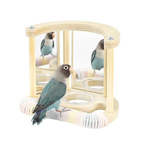 ShuRung Sittiche Kiefer Sitzstange Spielzeug Holzschaukel mit Acrylspiegel für Nymphensittiche, Wellensittiche, Sittiche und kleine Papageien Vogelkäfig Zubehör zum Kauen und Üben (Bogen) von ShuRung