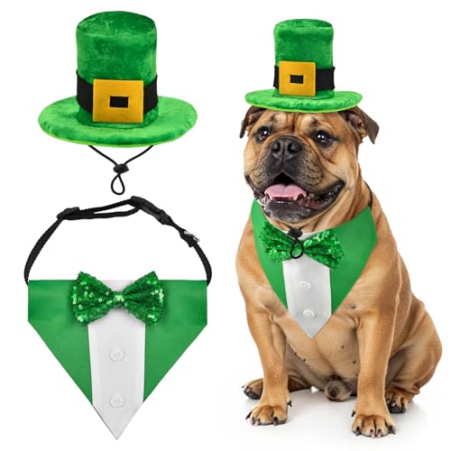 ShuRung St. Patrick's Day Hunde-Smoking mit grüner Fliege, irischer Koboldhut mit Gürtelschnalle, Hunde-Patricks-Kostüm-Set, Glücksmotiv-Outfits für Katzen, Welpen, Dos (M) von ShuRung