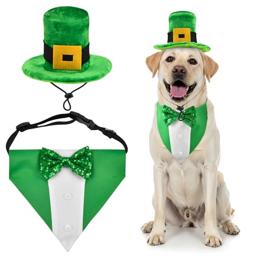 ShuRung St. Patrick's Day Hunde-Smoking mit grüner Fliege, irischer Koboldhut mit Gürtelschnalle, Hunde-Patricks-Kostüm-Set, Glücksmotiv-Outfits für Katzen, Welpen, Hunde, Größe L von ShuRung